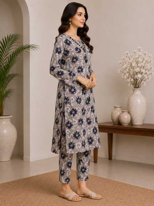 Grey Floral Printed 2-Piece Lawn Suit for Women | Naqsh by Mateen
