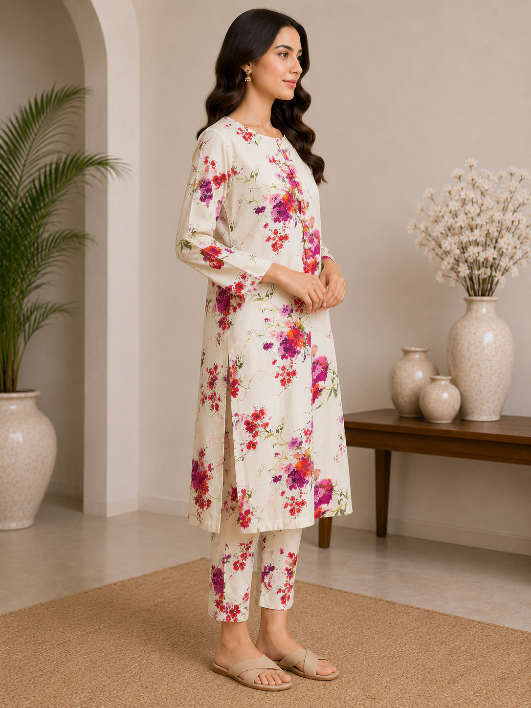 Ivory Floral Printed 2-Piece Lawn Suit for Women | Naqsh by Mateen