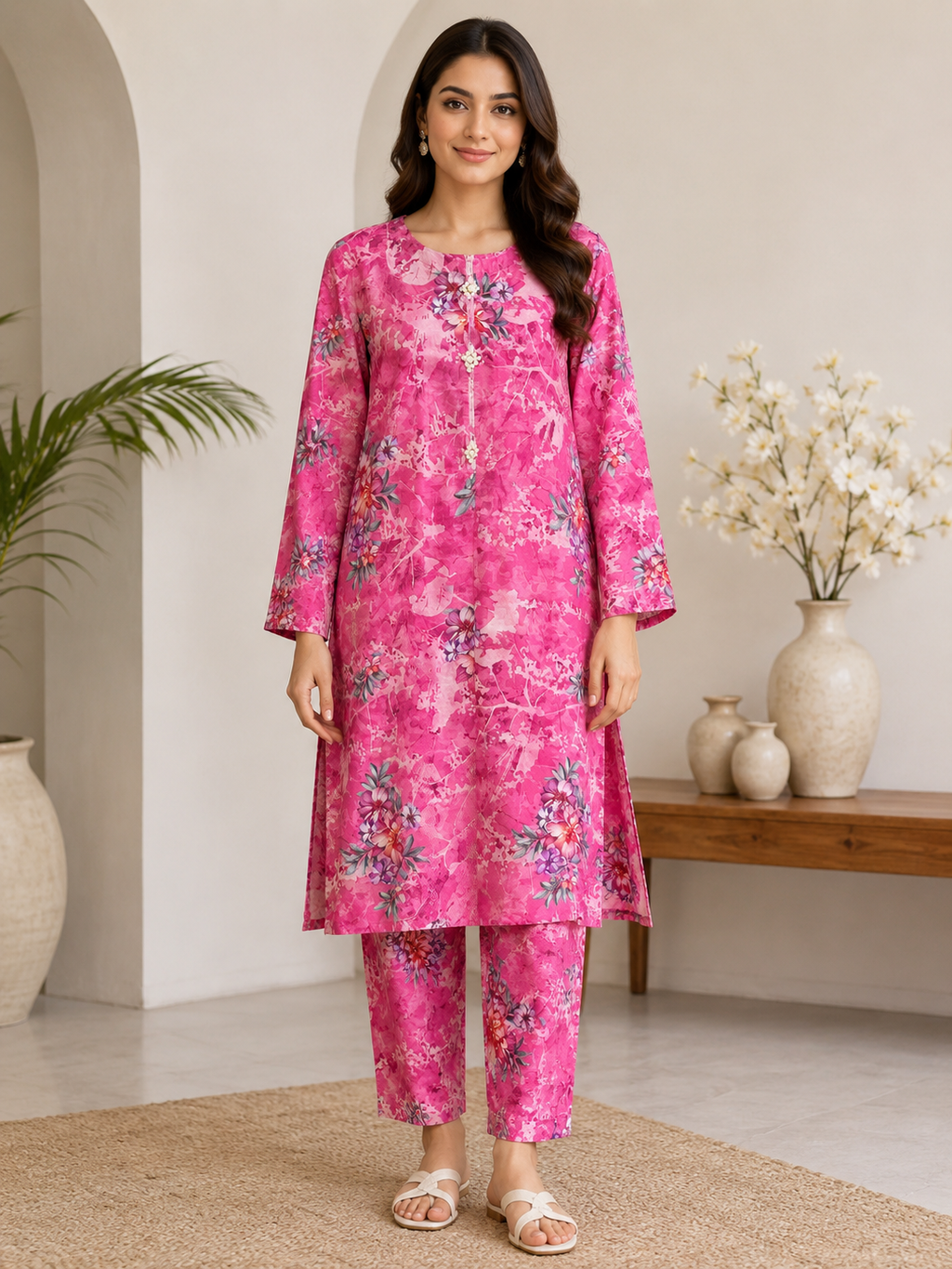 Pink Floral Printed 2-Piece Lawn Suit for Women | Naqsh by Mateen