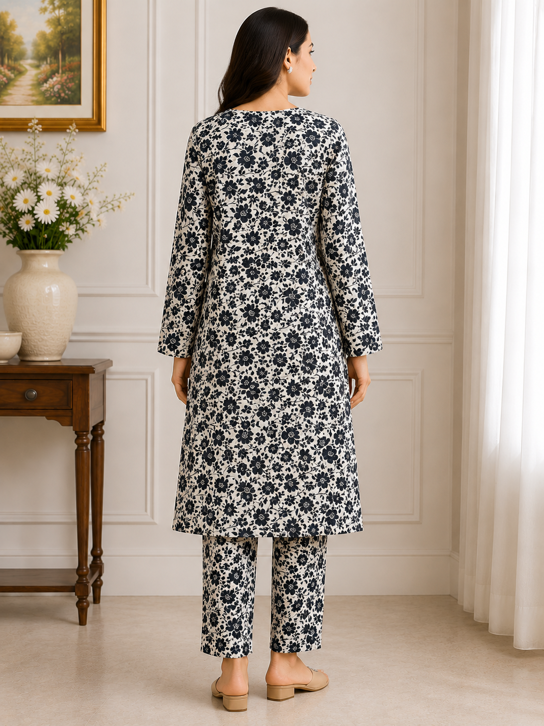 Monochrome Blossom Printed 2-Piece Suit | Naqsh by Mateen