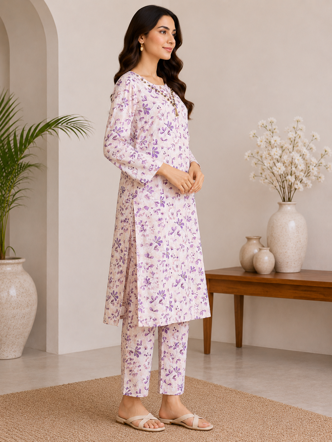 Ivory Lavender Floral Printed 2-Piece Lawn Suit | Naqsh by Mateen
