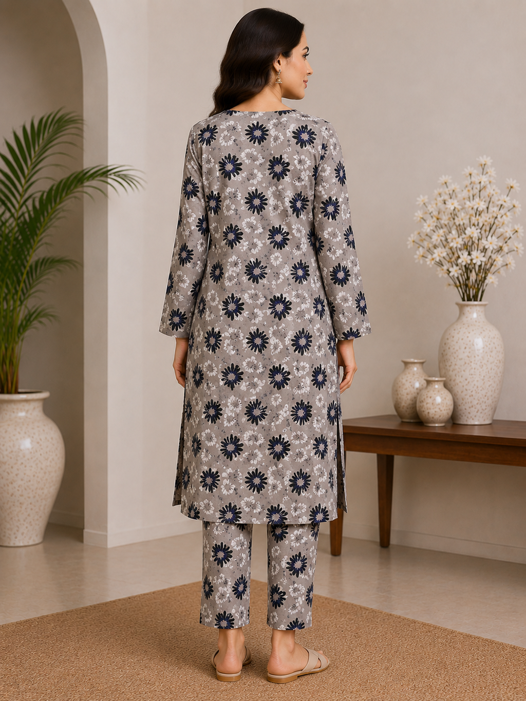 Grey Floral Printed 2-Piece Lawn Suit for Women | Naqsh by Mateen
