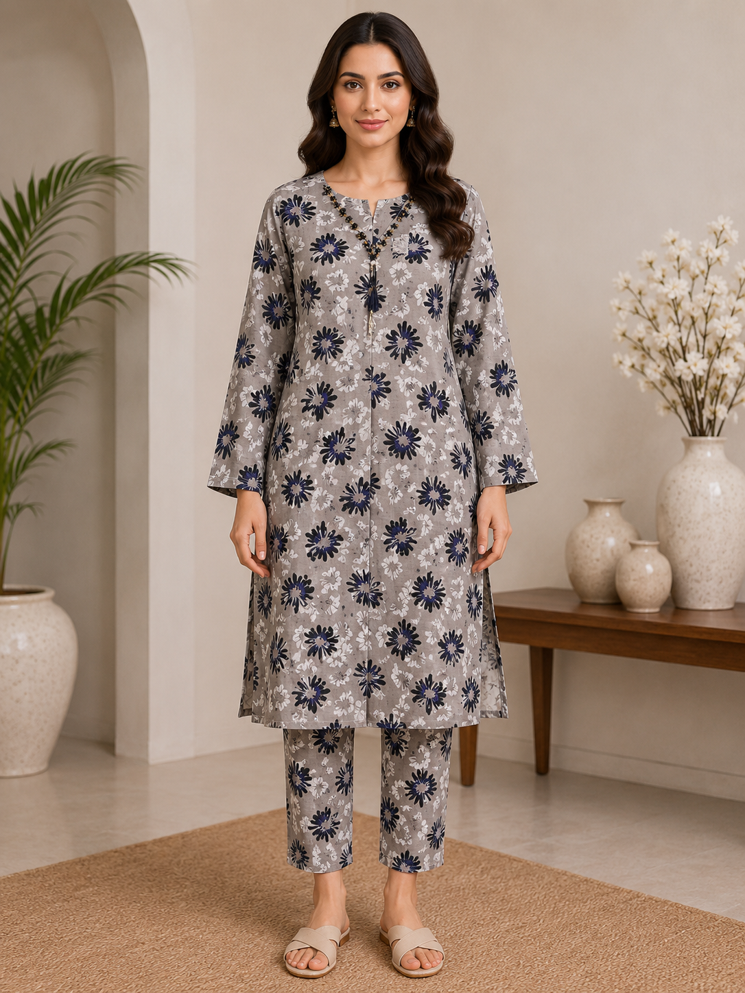 Grey Floral Printed 2-Piece Lawn Suit for Women | Naqsh by Mateen