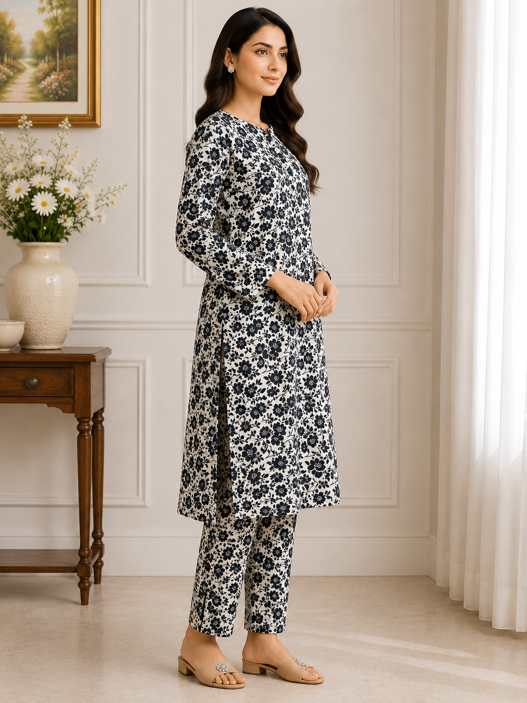 Monochrome Blossom Printed 2-Piece Suit | Naqsh by Mateen