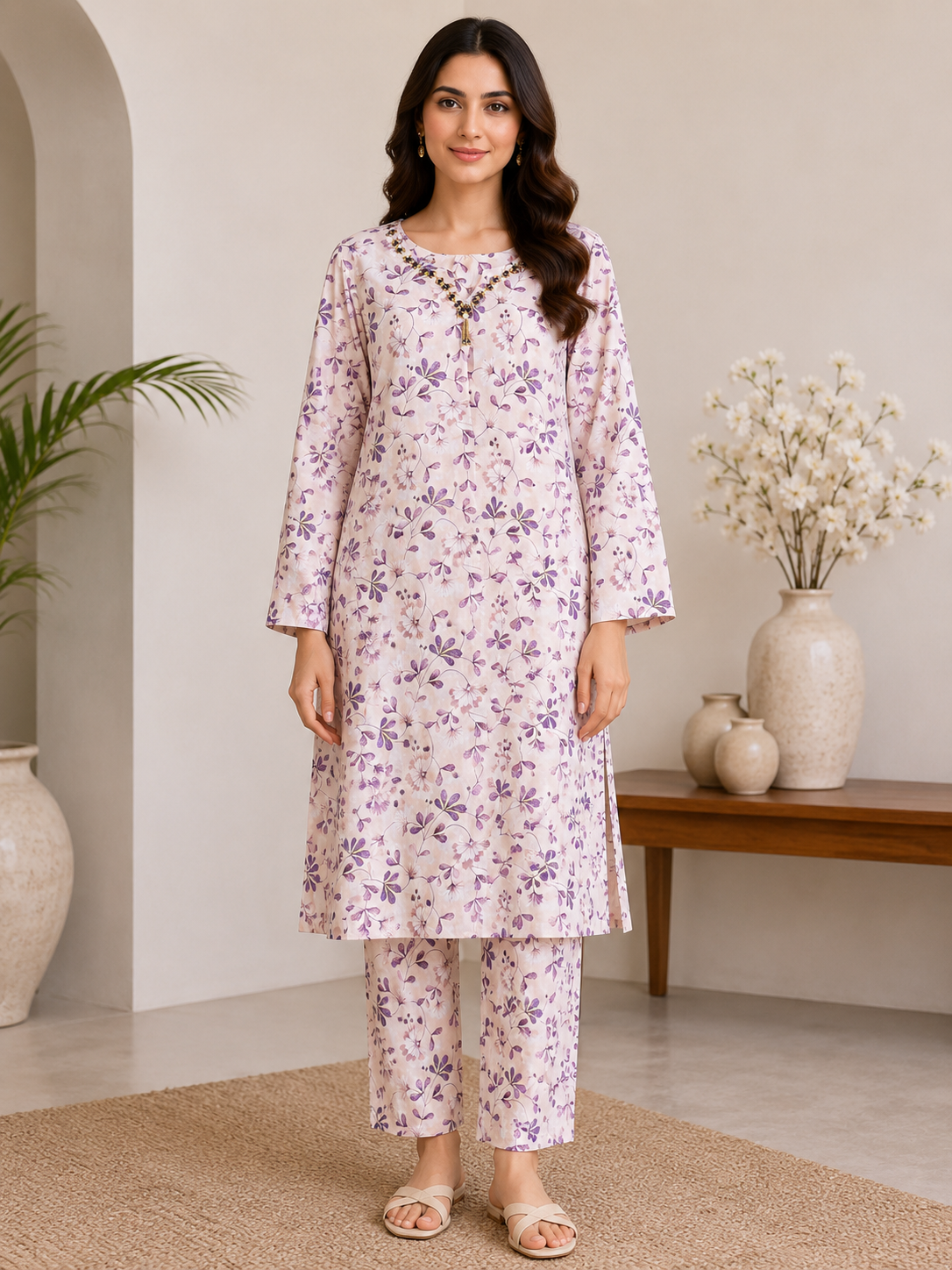 Ivory Lavender Floral Printed 2-Piece Lawn Suit | Naqsh by Mateen